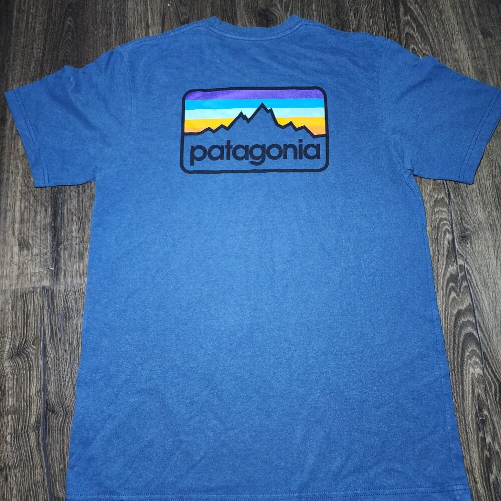 Patagonia Shirt Mens Medium Blue Logo Organic Cotton Tee Recycled Polyester - Picture 2 of 4